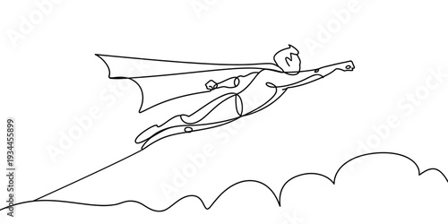 Continuous line drawing of superhero flying above clouds