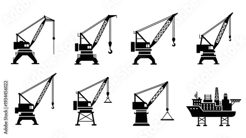 Cranes and ship silhouettes in various configurations displayed