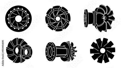 Industrial Turbine and Fan Impeller Silhouette Set, Mechanical Rotor Engineering Vector Icons