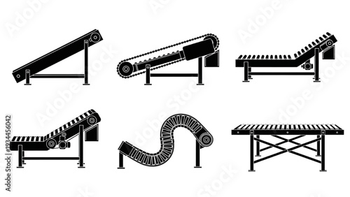 Conveyor belt systems depicted in various illustrations