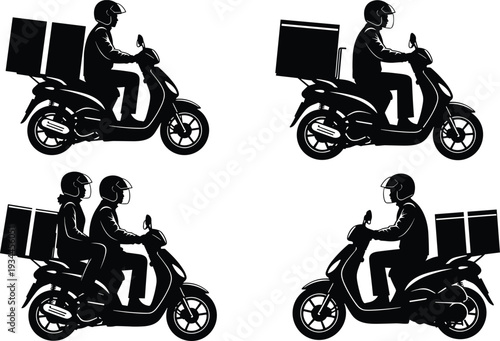 Set of scooter delivery riders with cargo boxes in black silhouette vector illustration isolated on light background