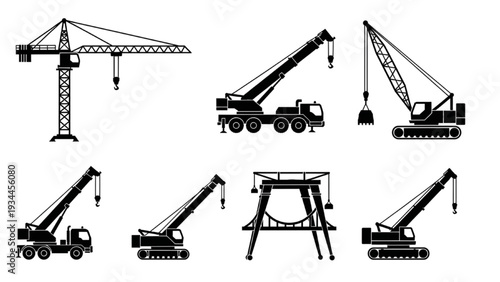 Cranes and excavators operating at a construction site viewed from the side