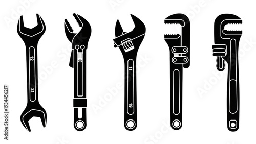 Various Adjustable Wrenches and Tools on White Background