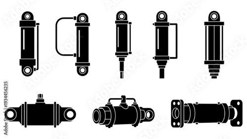 Industrial Hydraulic Cylinder Silhouette Set, Linear Actuator Pistons Mechanical Vector Icons