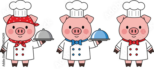 Cute Pig Chef Character Set with Serving Tray and Cooking Uniform Cartoon Restaurant Vector Illustration Collection