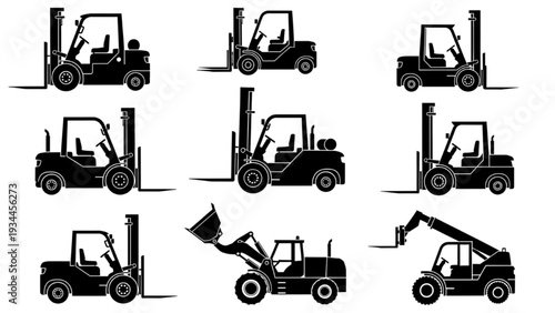 Collection of Forklifts in Various Positions and Actions