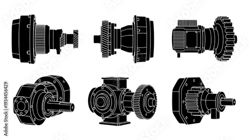 Industrial Gearbox and Gear Reducer Silhouette Set, Mechanical Transmission Vector Icons