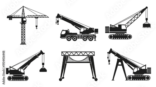 Cranes and excavators in various industrial settings and viewpoints