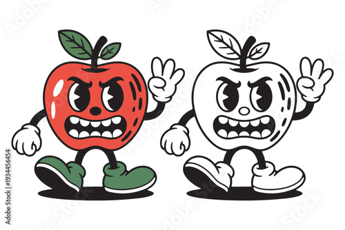 Angry red apple cartoon character in retro rubber hose style