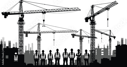 Construction site with multiple tower cranes and construction workers in silhouette Keywords: construction, site, tower crane