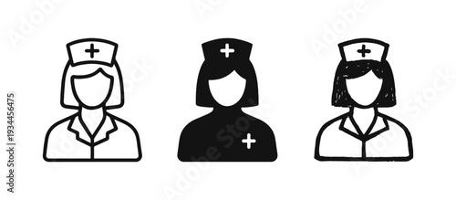 Female nurse icon set, symbolizing medical care, assistance, and healthcare professionals.
