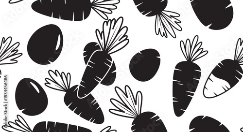 Black and white vegetable pattern with carrots and potatoes