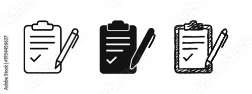 Clipboard with checkmark and pen icon set for task completion, surveys, and reports.