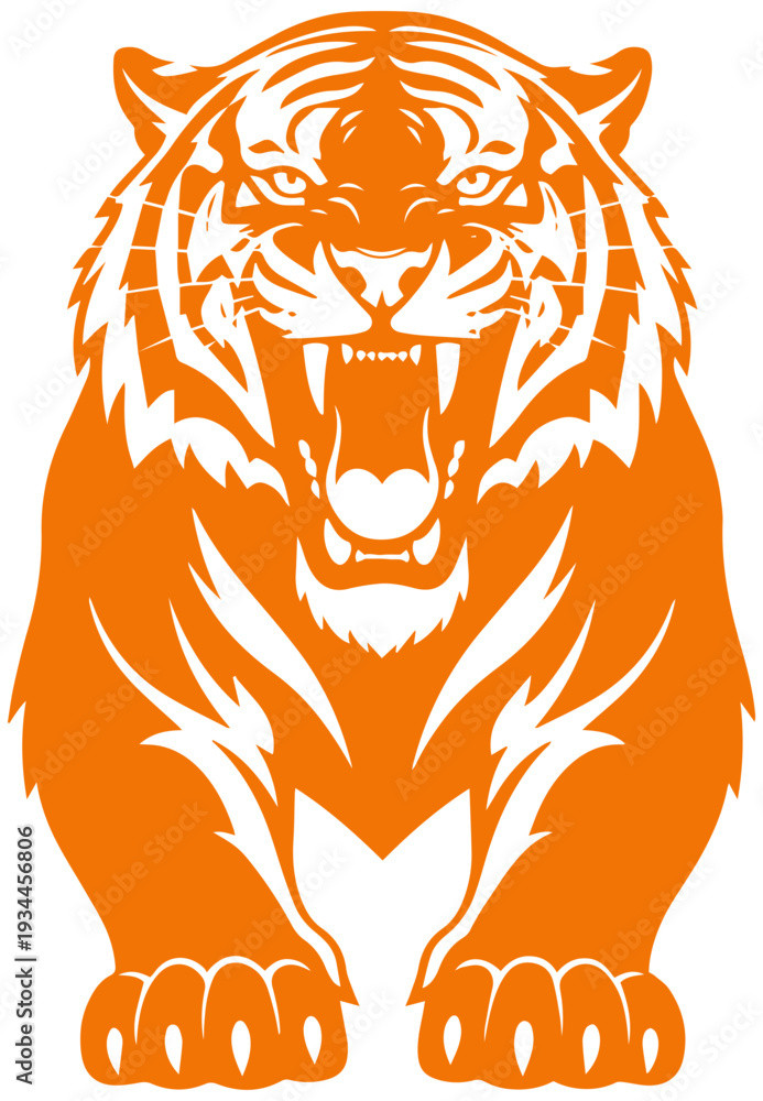 Fototapeta premium Fierce orange tiger with open mouth and sharp teeth