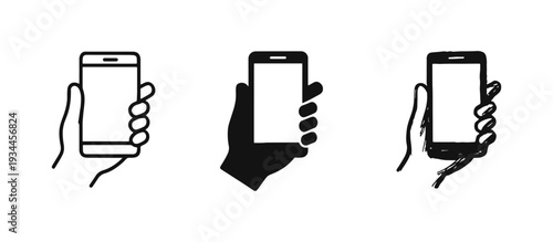 Hand Holding Smartphone Icons Set. Mobile Phone Usage, Digital Communication Device and Technology Symbol Vector Illustration