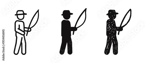 Fishing Angler Icons Set. Person with Fishing Rod, Outdoor Sport, Hobby and Recreation Symbol Vector Illustration