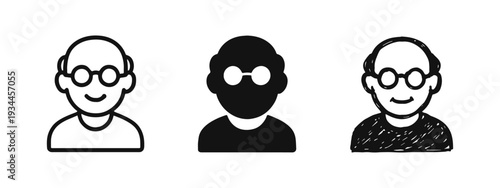 Elderly Man Avatar Icons Set. Senior Male User Profile, Grandfather with Glasses and Bald Head Symbol Vector