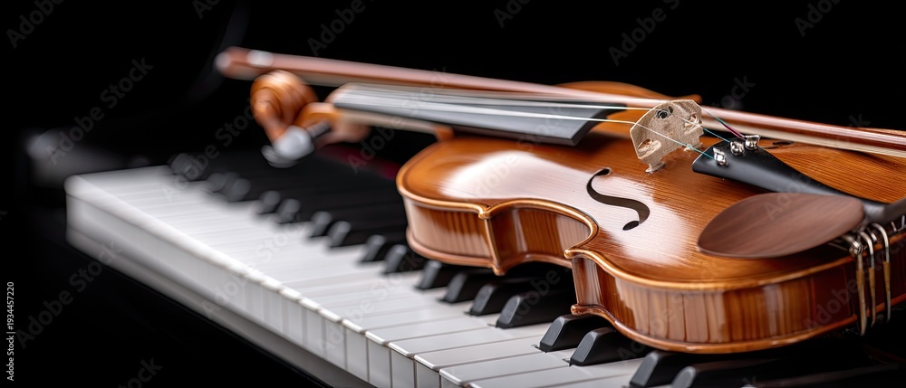 Fototapeta premium Elegant violin and fiddle bow on electronic piano keyboard with black background providing space for text and showcasing musical elements