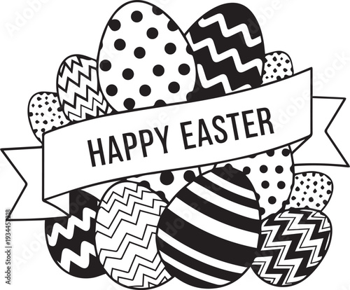 Happy Easter ribbon banner with eggs outline icon. Black and white decorated spring holiday line art drawing isolated. Festive seasonal design
