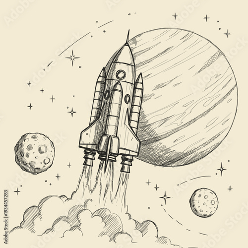 Space rocket launch from alien spaceport, science fiction poster. Vector illustration stylized as a pencil drawing. SVG version.