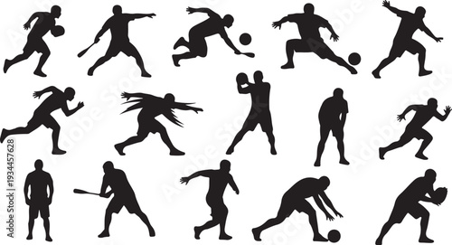 Silhouettes of athletes playing various sports in action poses