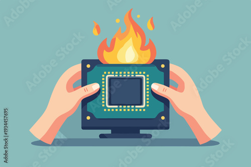 computer chip programma con mani monitor che rotto o da sistemare o rubare in fiamme , vettoriale 