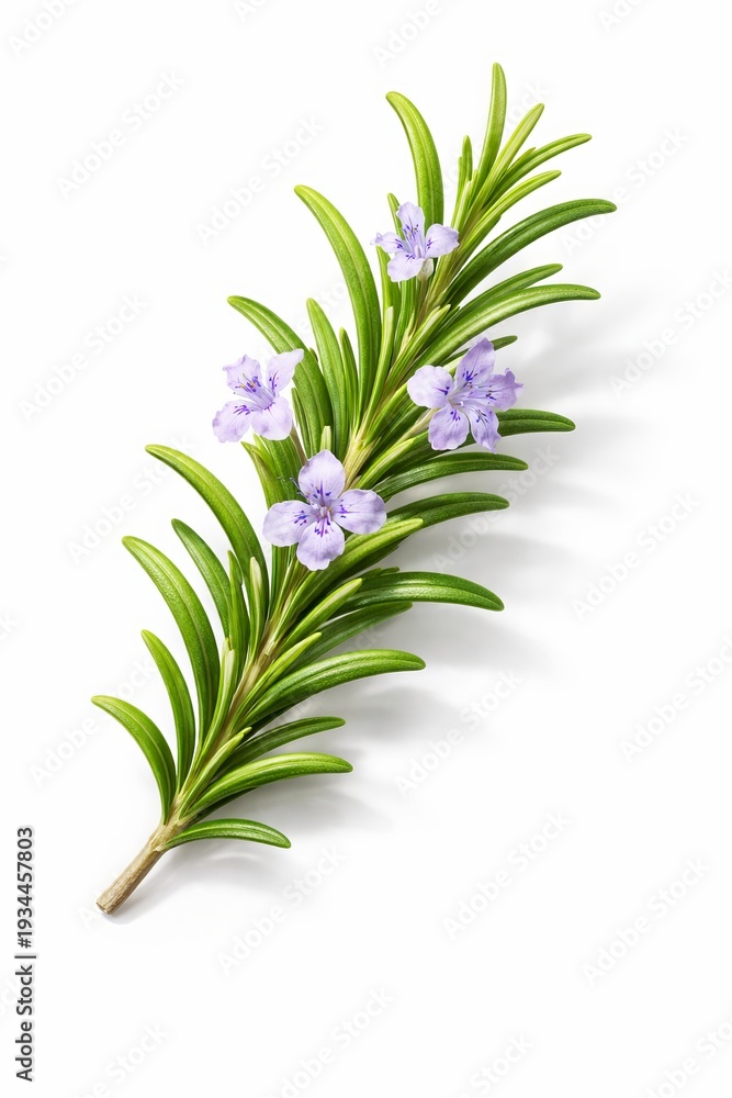 Obraz premium A semi-realistic 3D rosemary sprig with slender green leaves and small soft purple flowers. With leaf layering, smooth shading, delicate petal detail, and natural highlights
