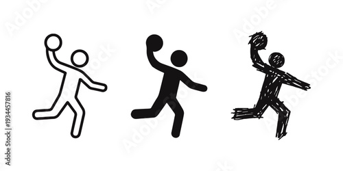 Handball Player or Person Throwing Ball Icon Set - Outline, Solid, and Doodle Styles