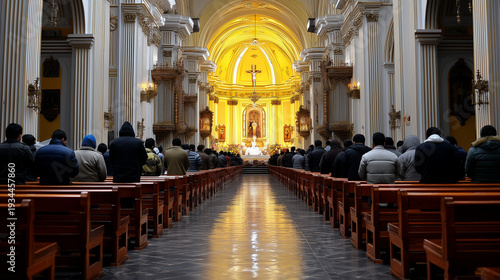 Saint Rose of Lima Festival, Wide view of cathedral interior with congregation attending Saint Rose of Lima Festival mass highlighting architecture symmetry and spiritual atmosphere of religious celeb