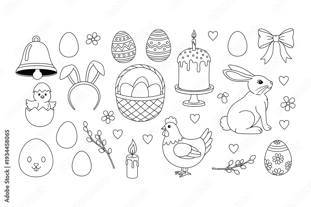 Fototapeta premium Easter Outline Icon Set with Bunny, Eggs, Basket, Chick and Spring Decorations. Hand Drawn Line Art Vector Collection