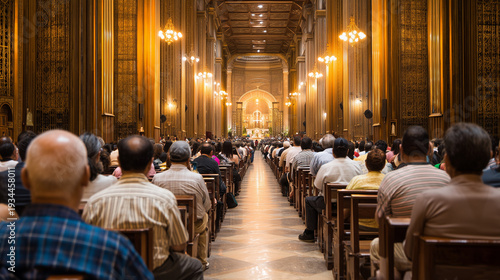 Saint Rose of Lima Festival, Interior of grand cathedral filled with worshippers during Saint Rose of Lima Festival mass showing solemn religious gathering and spiritual devotion in Peru