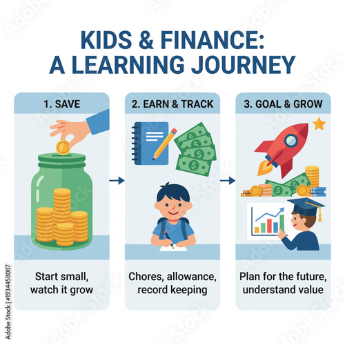 Kids & Finance: A Learning Journey: An engaging illustration outlining the essential steps of financial literacy for children: saving, earning, and goal-setting.