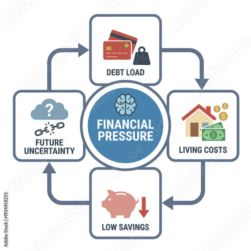 Financial pressure: An illustrative diagram reveals the intricate web of financial pressure, highlighting interconnected factors such as debt, rising living expenses, reduced savings.