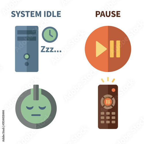 System and Pause Illustration: A set of minimalistic illustrations conveys system idle and pause states using relevant symbols.