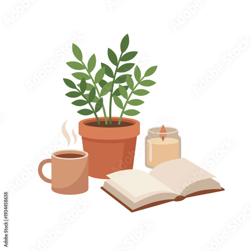 Cozy Corner: A tranquil scene features a potted plant, a steaming mug of coffee, a flickering candle, and an open book, inviting relaxation and introspection.