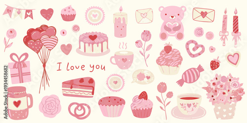 A collection of cute pink illustrations representing love and sweet treats