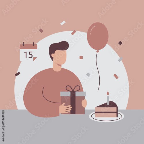 Birthday Celebration: A joyful illustration shows a person celebrating their birthday with a gift, a slice of cake, a balloon, and a calendar in a lively and celebratory scene.