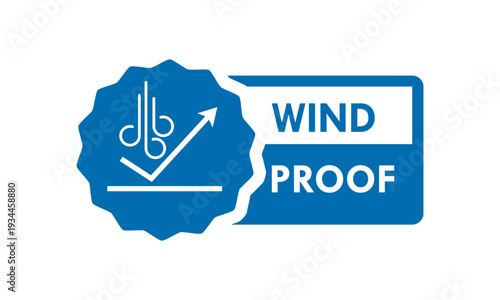 Professional blue windproof logo vector. Modern circular icon featuring air flow and protection symbols, ideal for sports gear, winter clothing, and industrial textile labels.