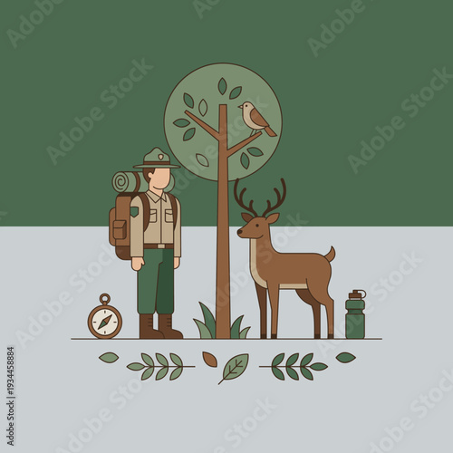 Nature's Guardian: A park ranger stands sentinel beside a majestic deer, bird, and tree, embodying stewardship and respect for the natural world.