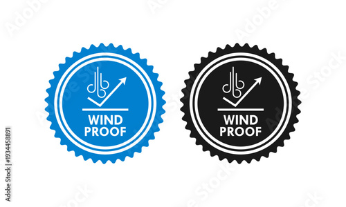 Professional blue and black windproof logo vector. Modern circular icon featuring air flow and protection symbols, ideal for sports gear, winter clothing, and industrial textile labels.