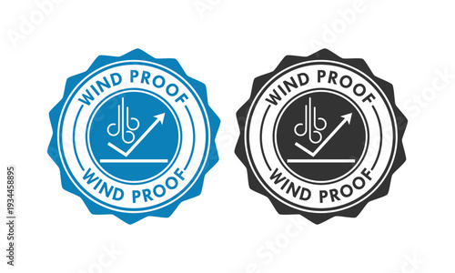 Professional blue and black windproof logo vector. Modern circular icon featuring air flow and protection symbols, ideal for sports gear, winter clothing, and industrial textile labels.
