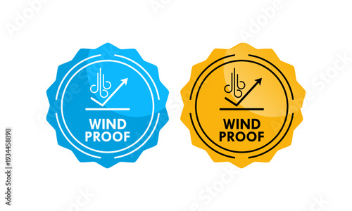 Professional blue and yellow windproof logo vector. Modern circular icon featuring air flow and protection symbols, ideal for sports gear, winter clothing, and industrial textile labels.