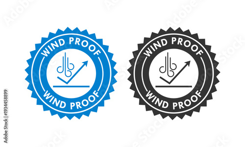 Professional blue and black windproof logo vector. Modern circular icon featuring air flow and protection symbols, ideal for sports gear, winter clothing, and industrial textile labels.