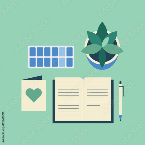 Stationery Still Life: A minimalist arrangement featuring an open notebook with blank pages, a pen, a succulent plant in a pot, a set of watercolor paint, and a heart-adorned card.