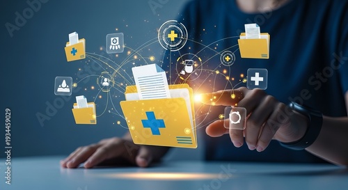 Person interacting with digital medical record folders and healthcare data network interface