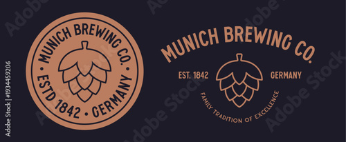 Beer pub, brewery sign, symbol, for pub, bar, beer restaurant branding. Vintage beer bar emblem with hops icon for draft drinks. Creative label, brewery badge for pub menu. Vector Illustration