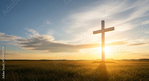 White cross standing in tall grass at sunrise with blue sky and clouds