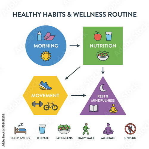 Wellness and Healthy Lifestyle: A visual guide illustrates a holistic approach to a healthy routine. Depicting a morning routine, good nutrition, movement, rest, and mindfulness.