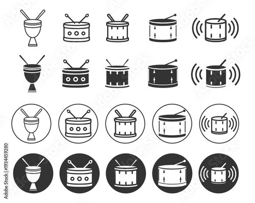 Drum and Percussion Instrument Icon Set. Line, Solid and Circle Background Styles