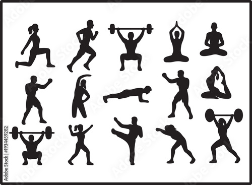 Collection of black silhouettes of people exercising and practicing yoga and lifting weights in various poses and movements